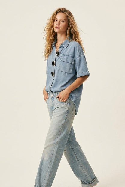 Light Wash Denim Short-Sleeve Shirt with big silver buttons - Shirts
