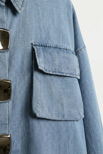 Light Wash Denim Short-Sleeve Shirt with big silver buttons - Shirts