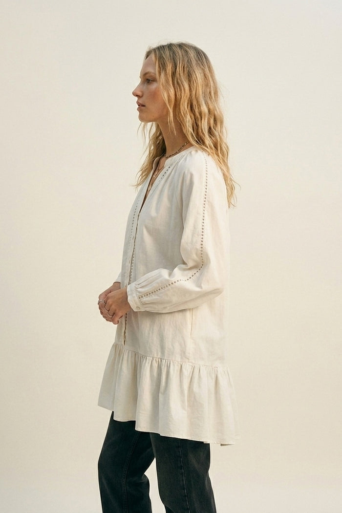 Lightweight Cotton Poplin Peasant Dress in white with Ruffle Hem - dress