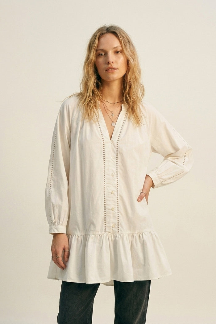 Lightweight Cotton Poplin Peasant Dress in white with Ruffle Hem - dress