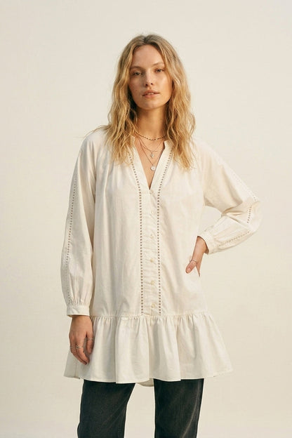 Lightweight Cotton Poplin Peasant Dress in white with Ruffle Hem - dress