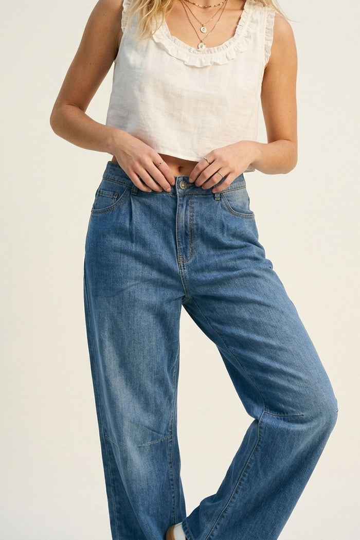 Lightweight Denim Wide-Leg Jeans with Curved Seam Detail - Denim