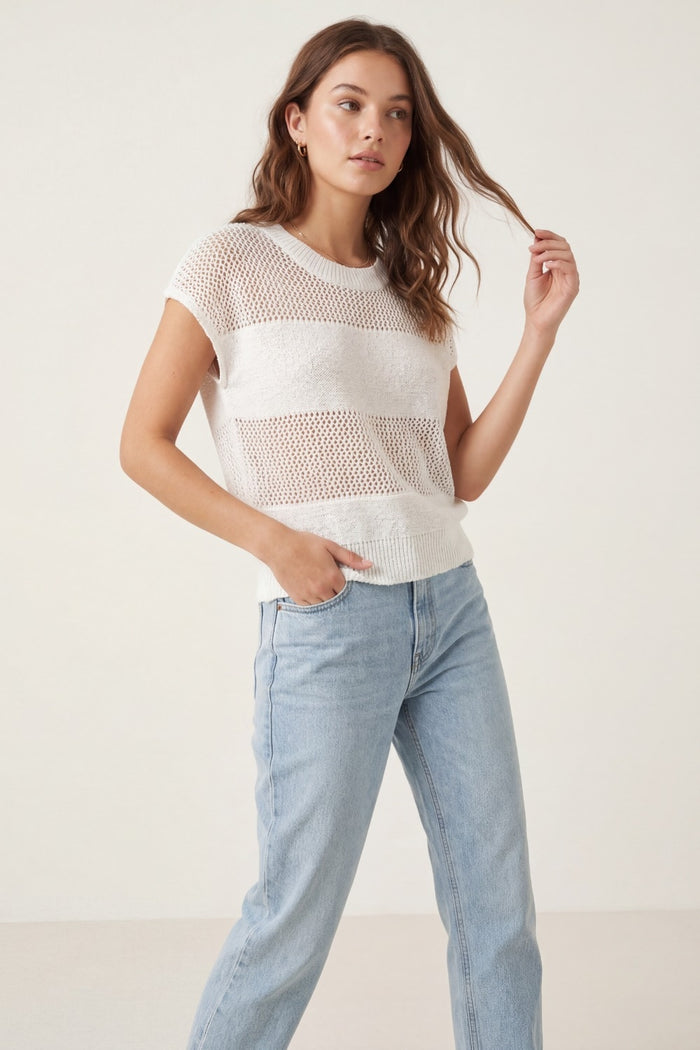 Lightweight Open-Knit Short Sleeve Sweater in white