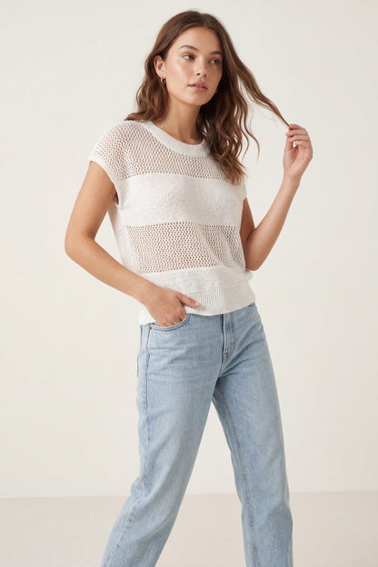Lightweight Open-Knit Short Sleeve Sweater in white