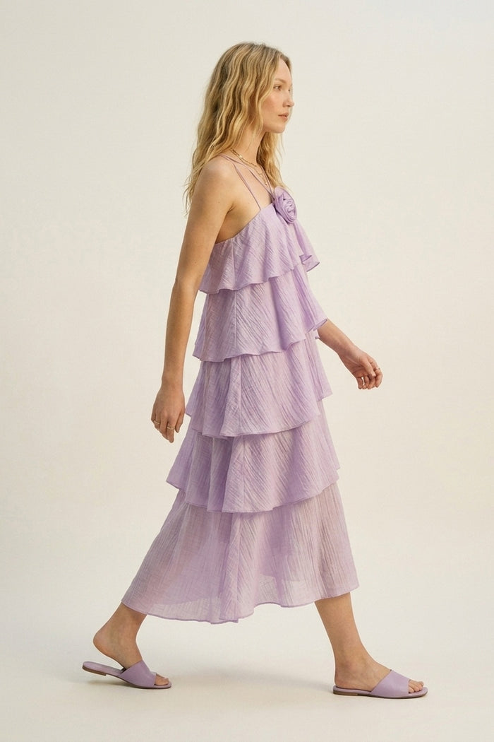 Lilac Crinkled Woven Tiered Ruffle Rose Detail maxi Dress - dress