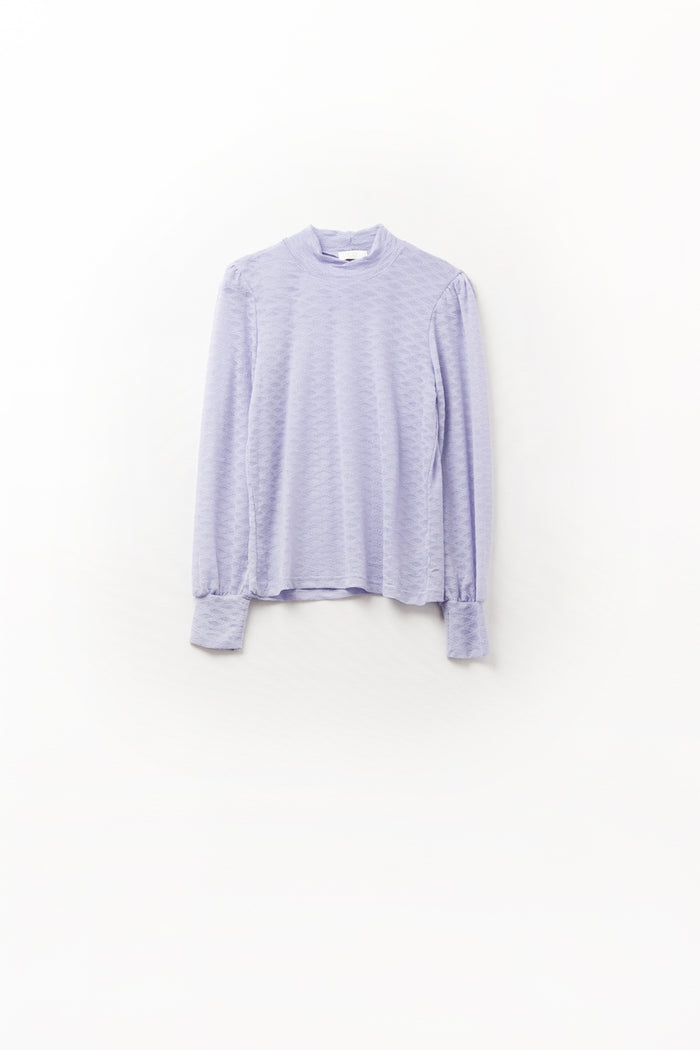 Lilac lace top with high neck and cuff detail