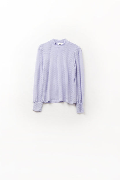 Lilac lace top with high neck and cuff detail