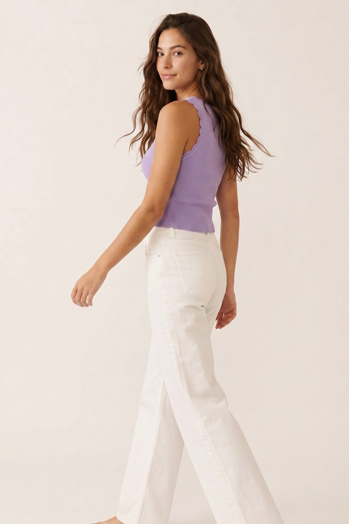 Lilac Ribbed Knit Scallop Edge Sleeveless Cropped Top