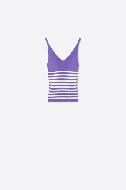 Lilac Stripe Ribbed Knit V-Neck Cropped Tank Top