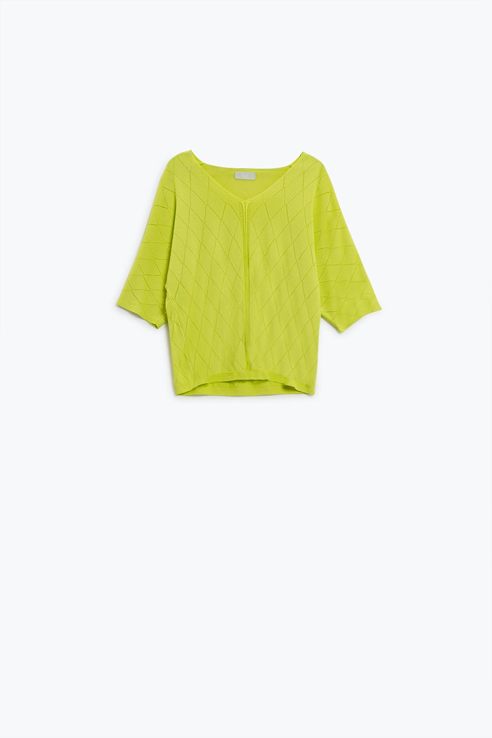 Lime Colored Short Sleeve Sweater With Argyle Pattern
