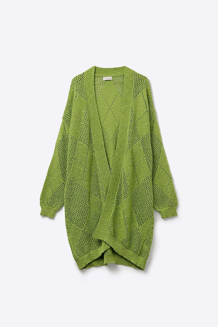 Lime Green Draped Cardigan With Crochet Design