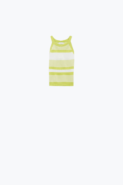Lime Green Halter Tank top With Stripe Design In Different Knits