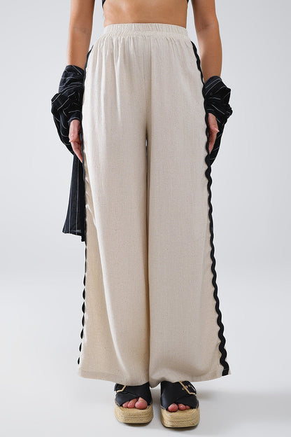 Linen Contrast Scallop Trim Pants in Beige - trousers