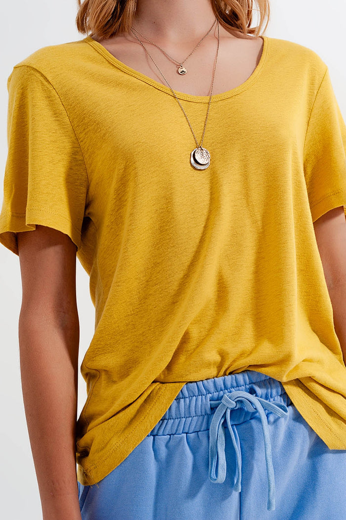 Linen mix scoop front t-shirt in Yellow - top