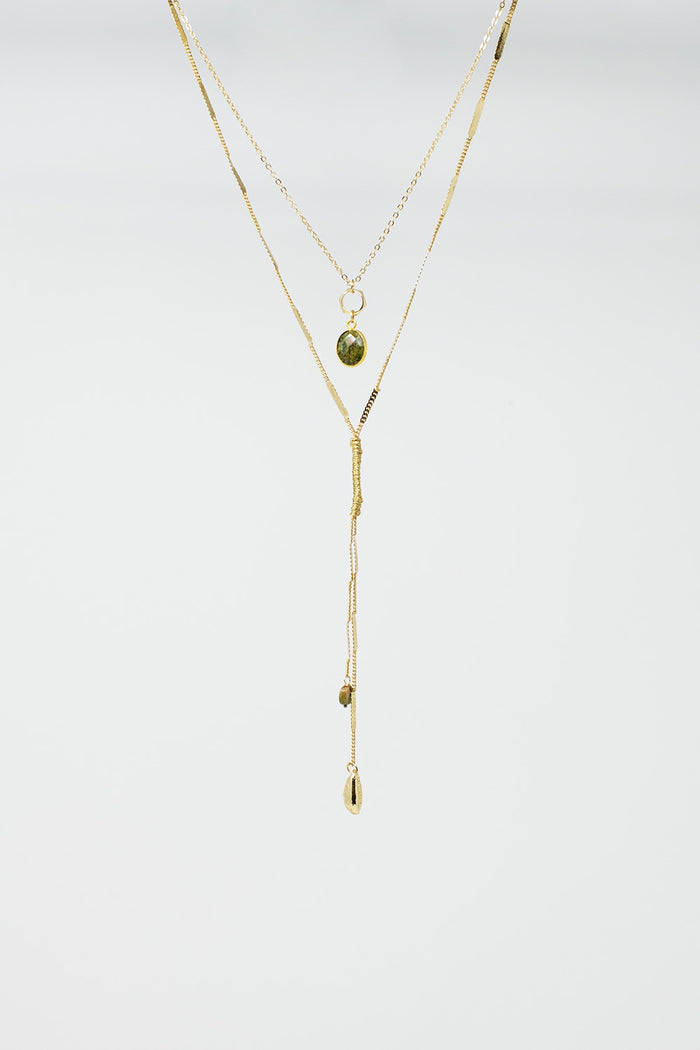 Long 2 in 1 Golden Necklace with Green and Golden Stones
