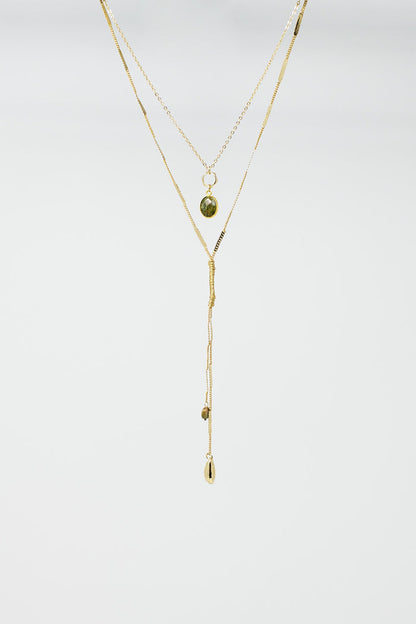 Long 2 in 1 Golden Necklace with Green and Golden Stones