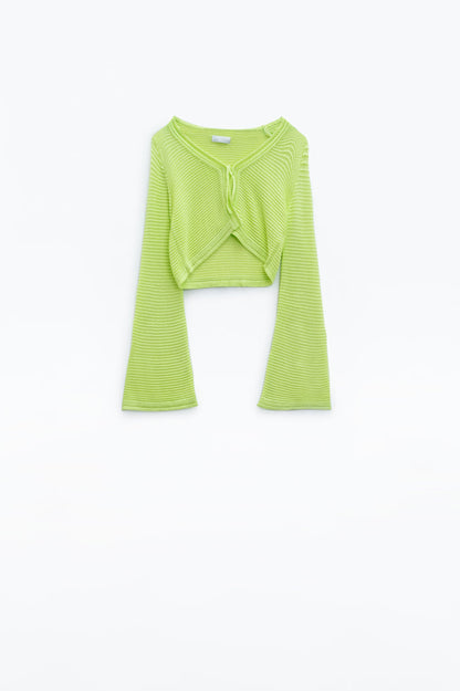 Long Bell Sleeve Knitted Cardigan in Lime Green With knot detail