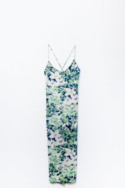long green floral print dress with wide back neckline - dress