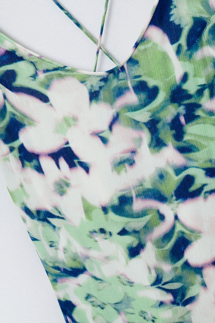 long green floral print dress with wide back neckline - dress