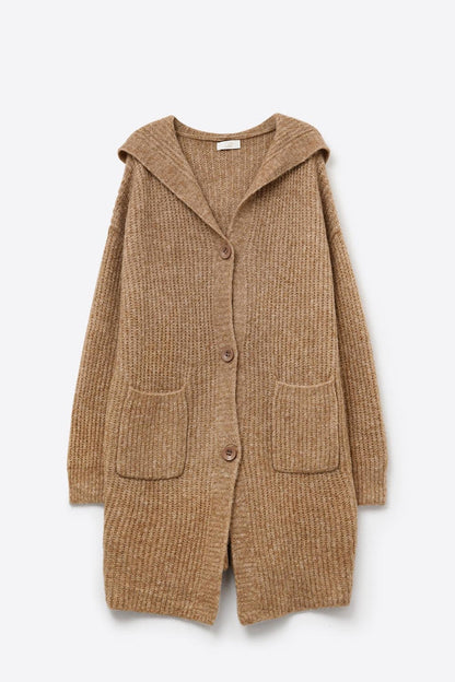 Long Ribbed Cardigan With Pockets and Hood in Camel