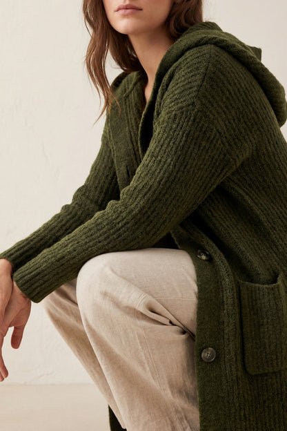 Long Ribbed Cardigan With Pockets and Hood in Khaki