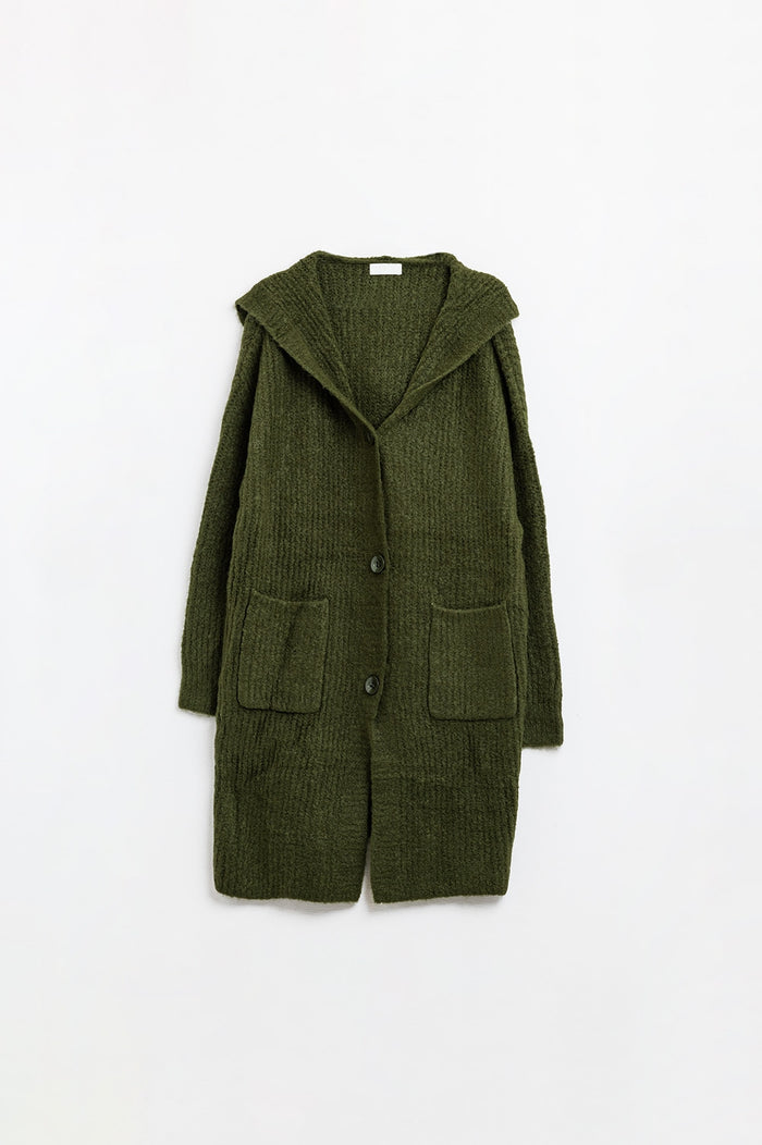 Long Ribbed Cardigan With Pockets and Hood in Khaki
