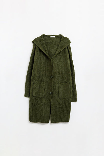 Long Ribbed Cardigan With Pockets and Hood in Khaki