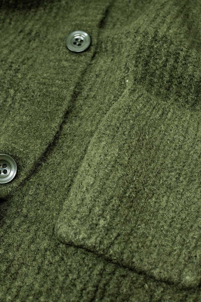 Long Ribbed Cardigan With Pockets and Hood in Khaki