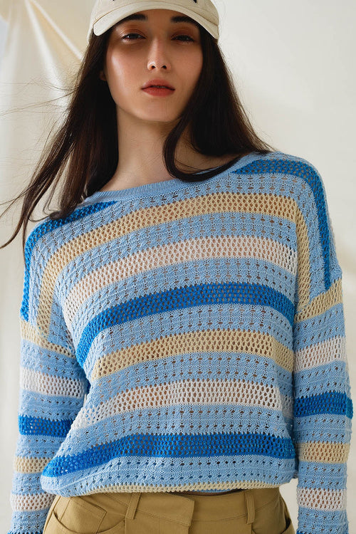 Long Sleeve Blue Multicolored Sweater With Boat Neck