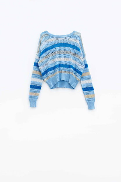 Long Sleeve Blue Multicolored Sweater With Boat Neck