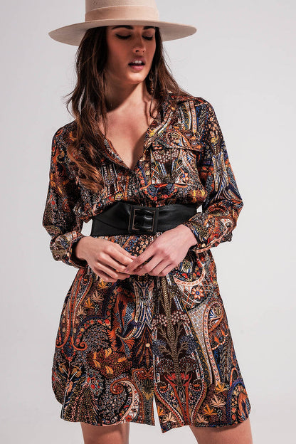 Long Sleeve paisley mini Dress in black - dress
