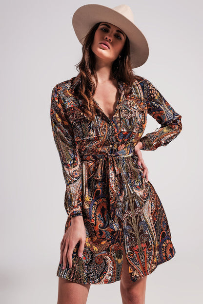Long Sleeve paisley mini Dress in black - dress