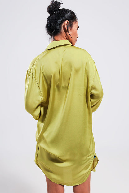 Long sleeve satin button front shirt in green - Shirts