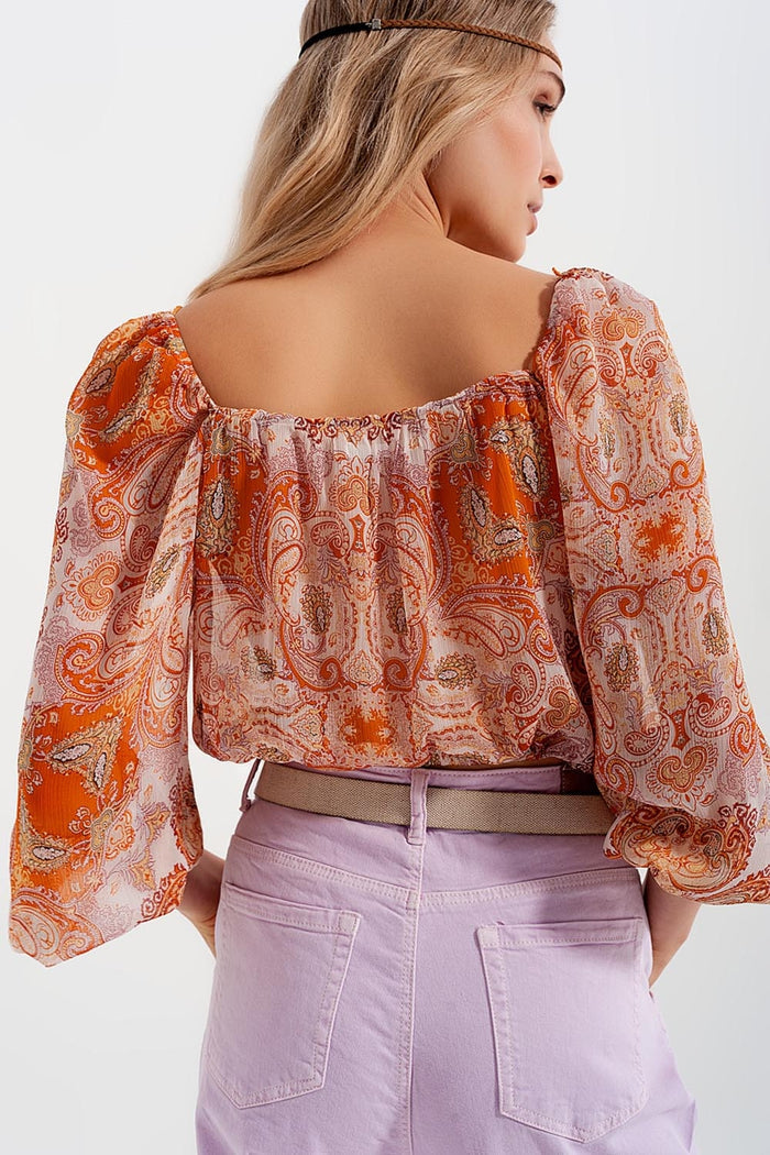 Long sleeve sheer top with shirred waist and tie detail in orange - Shirts, top