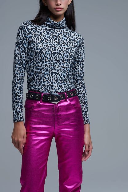 Long Sleeve Turtleneck Top in Grey Leopard Print
