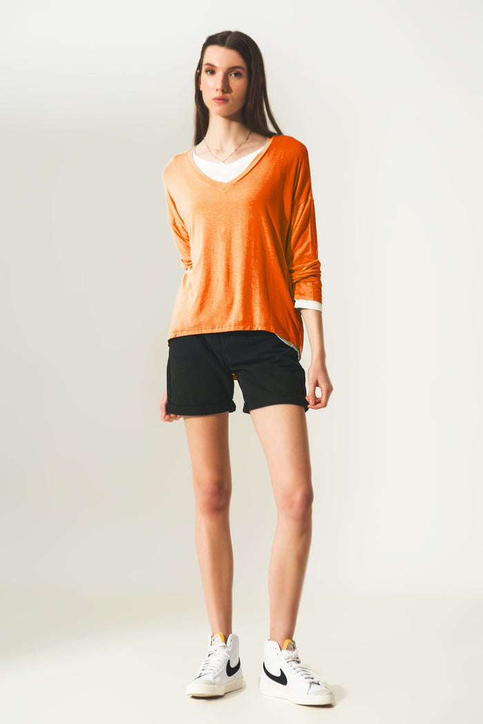 Long sleeve v neck top in modal in Orange - top