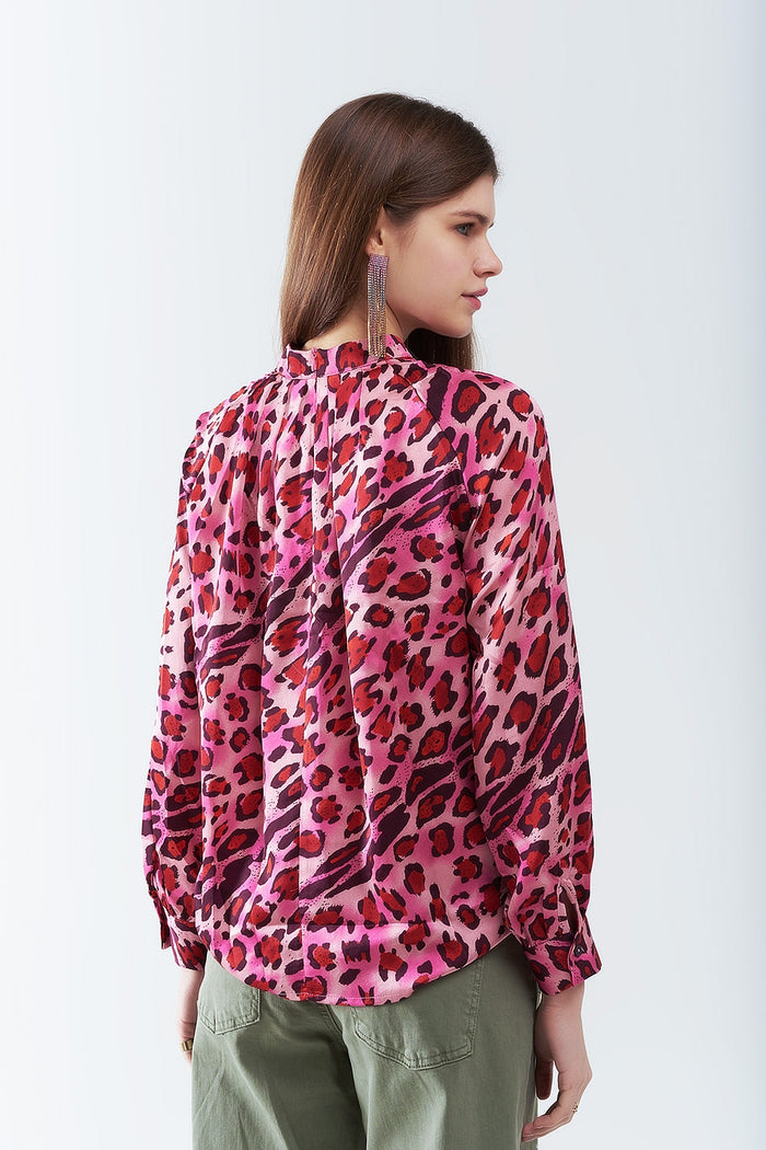 Long Sleeved Blouse In Trendy Fuchsia Leopard Print - Shirts