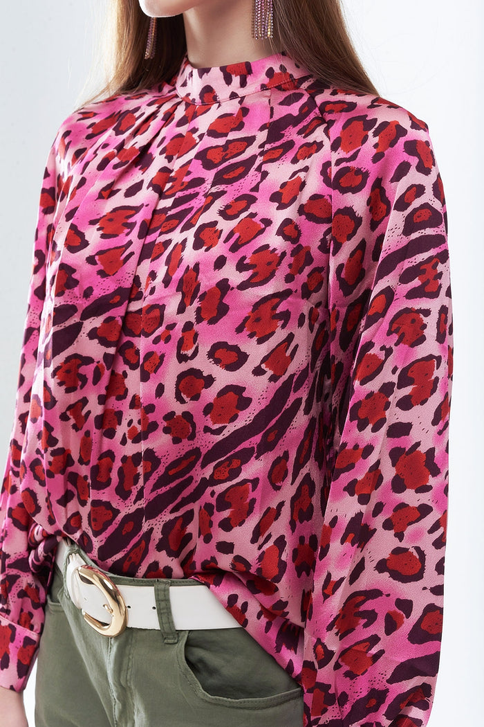 Long Sleeved Blouse In Trendy Fuchsia Leopard Print - Shirts