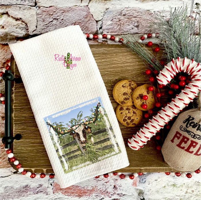 Longhorn Christmas Waffle Weave Tea Towel