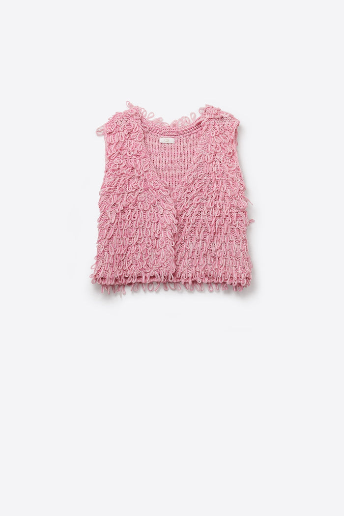 Loop Knit Vest with Textured Fringe Effectm in pink