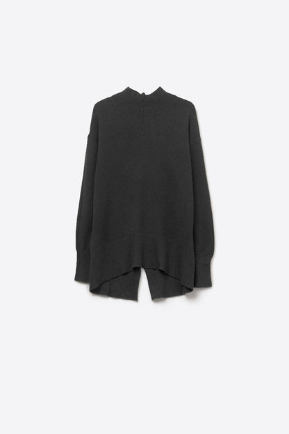Loose black sweater with open back detail