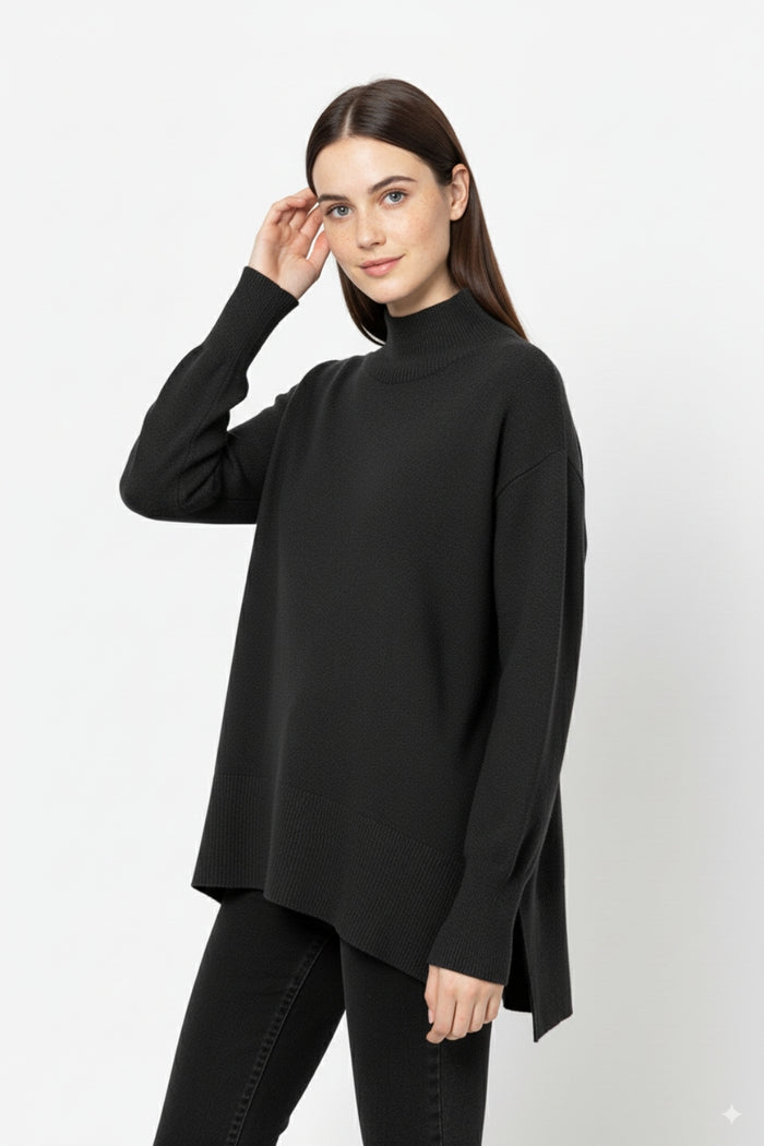 Loose black sweater with open back detail