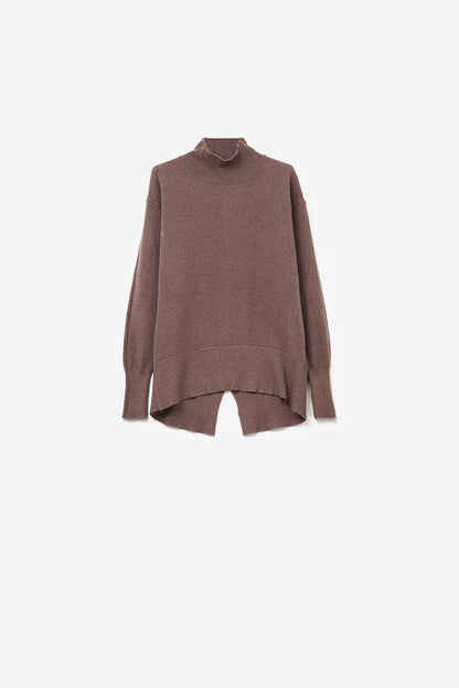 Loose brown sweater with open back detail