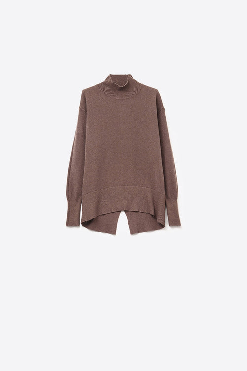 Loose brown sweater with open back detail