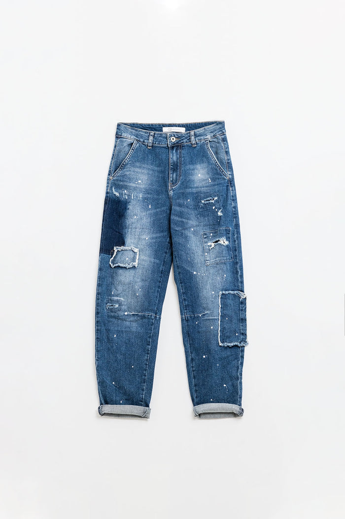 Loose-fitting jeans with distressed patches and paint details - Denim
