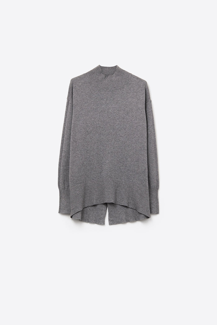 Loose gray sweater with open back detail