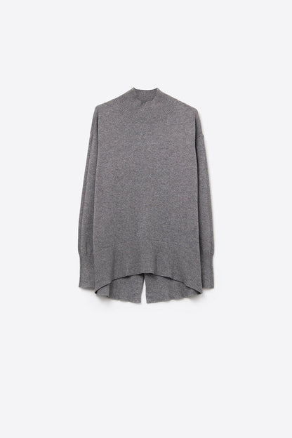 Loose gray sweater with open back detail