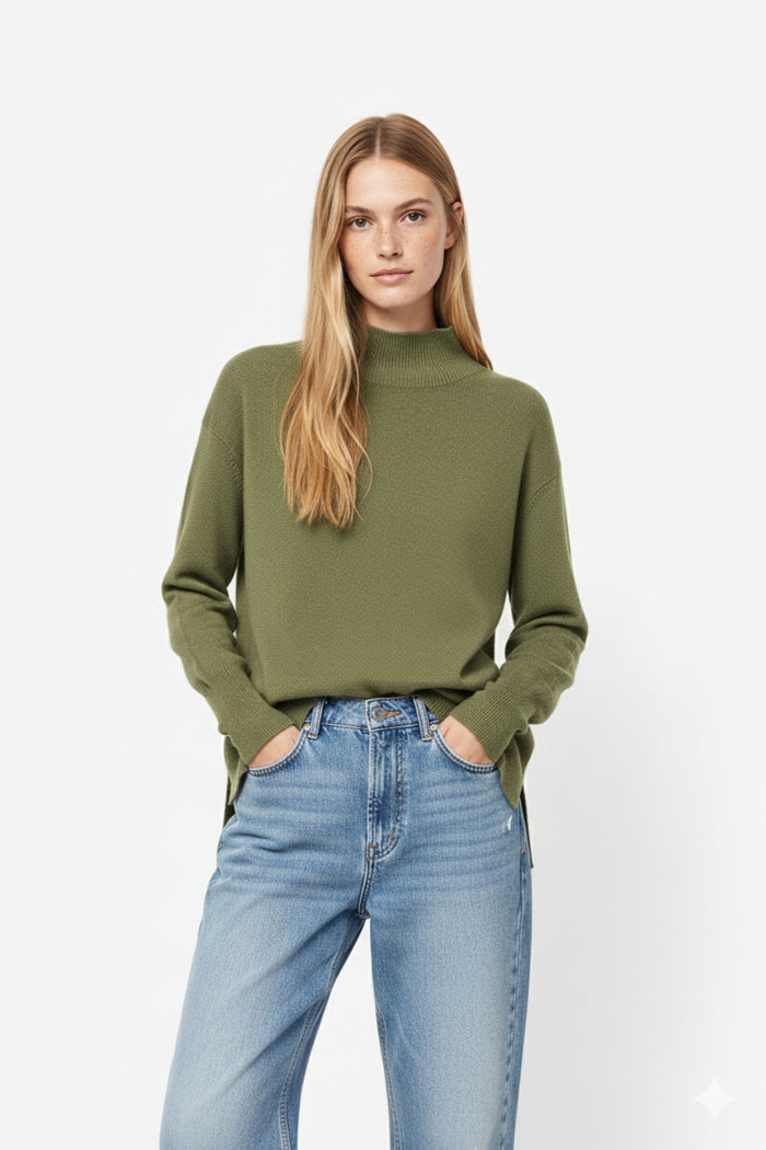 Loose military green sweater with open back detail
