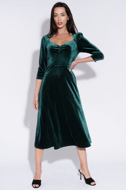 Louche Ambrose Green Velvet V-Neck Puff Shoulder Midi Dress - Dotique