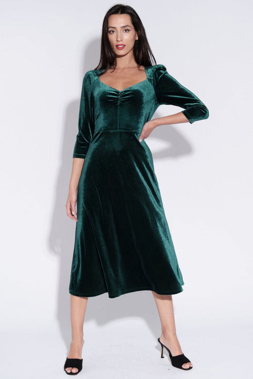 Louche Ambrose Green Velvet V-Neck Puff Shoulder Midi Dress - Dotique